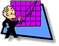 cartoon drawing of a man pointing to a graph