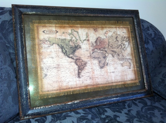 Framed antique style map of the world 